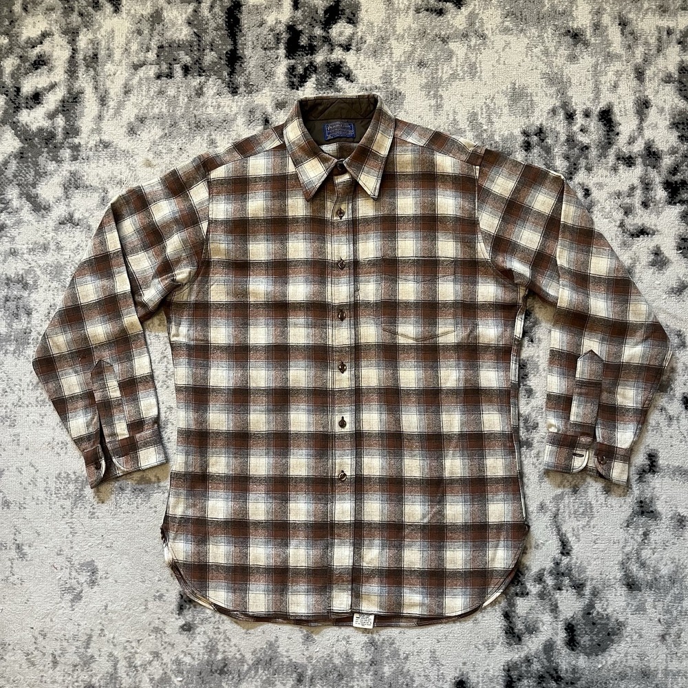 Vintage‎ Pendleton Board Shirt Mens LPlaid Wool Flannel Brown Beige  Made In USA